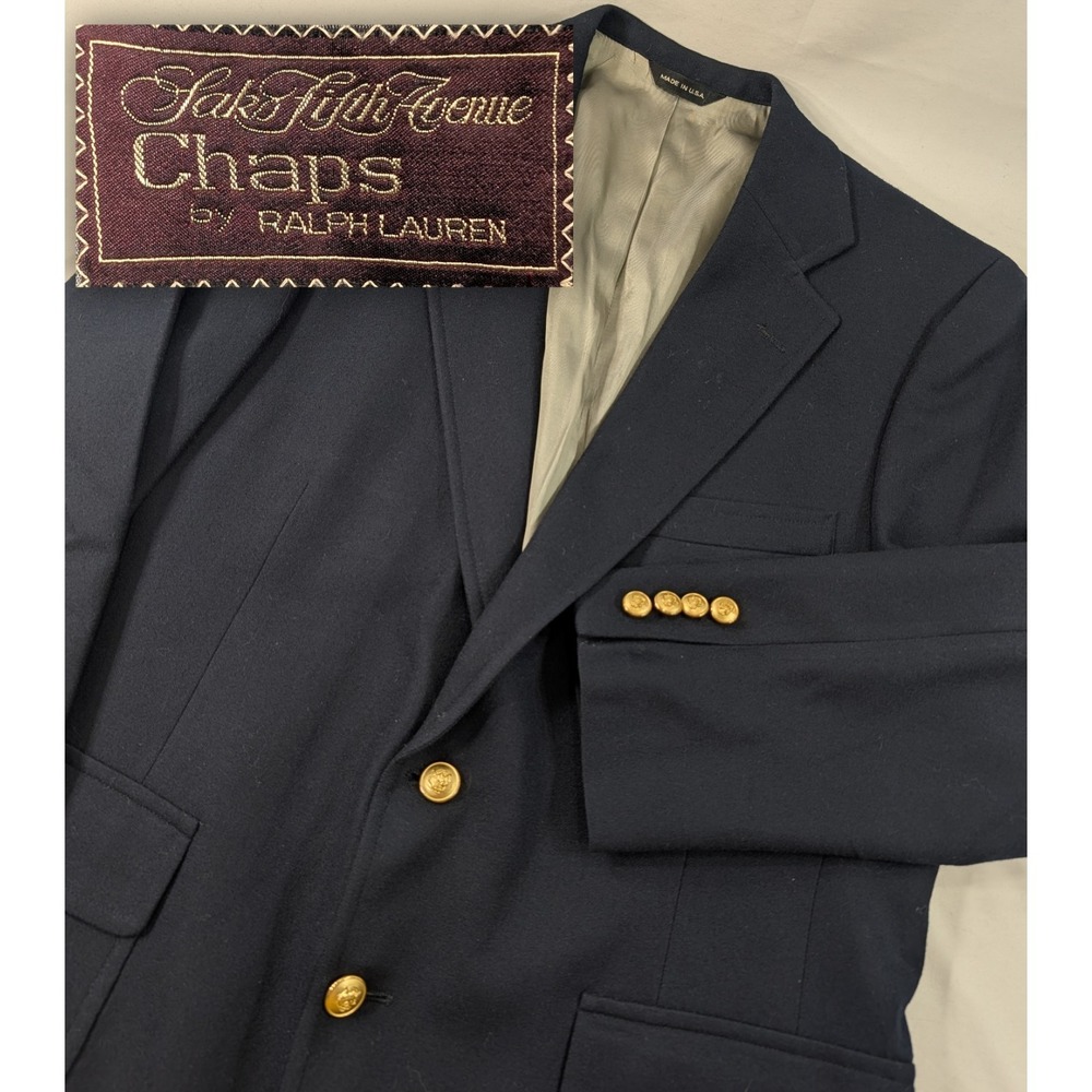 VTG USA Chaps Ralph Lauren Saks Suit Jacket Coat Wool Flannel Navy Gold 42 44"